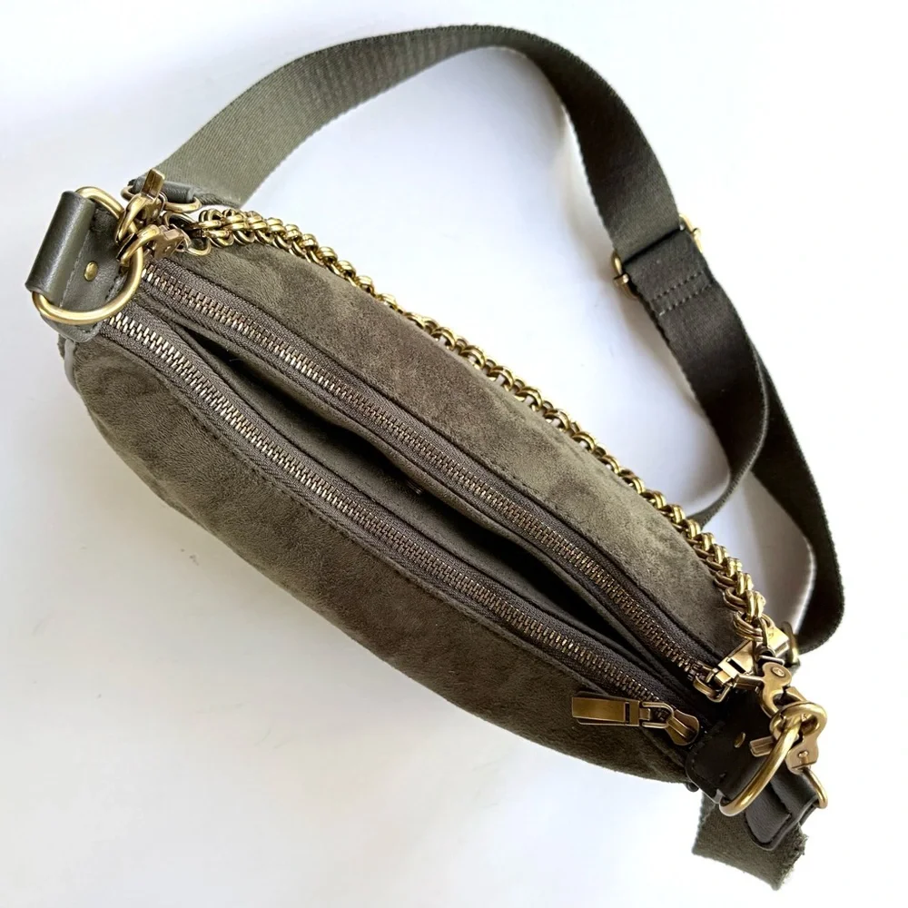 House of Harlow 1960 Valerie Crossbody Green Faux Suede Double Zip Shoulder Bag